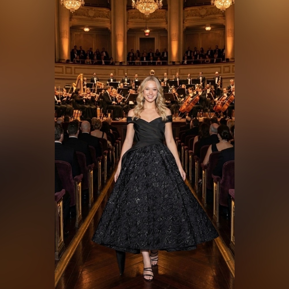 Christian Siriano Draped Off The Shoulder Shimmer Houndstooth Tea Length Dress
